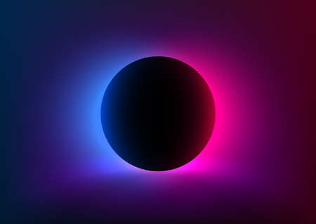 Abstract futuristic background with vivid neon blue pink light behind the black circle. Eclipse concept. Design of banner, poster, flyer for cybersport, and advertising. Vectorのイラスト素材
