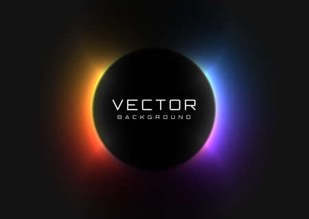 Abstract background with vivid neon colorful light behind the black circle. Eclipse concept. Design of banner, poster, flyer for cybersport, and advertising. Vectorのイラスト素材