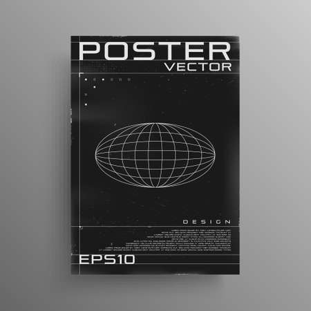 Retrofuturistic poster design with ellipse planet. Black and white retro cyberpunk poster with HUD elements. Cover design for electronic music events. Vectorのイラスト素材