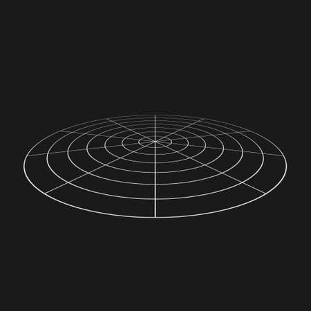 Retro futuristic perspective polar grid. Digital cyber retro design element. Grid in cyberpunk 80s style.のイラスト素材