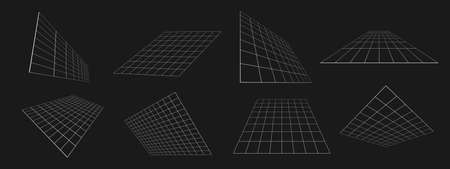 Set of retro futuristic perspective grids at an angle. Cyber design elements. Collection of grids in...