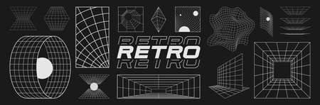 Set of retrofuturistic design elements, perspective grids, tunnel, RETRO title, polar grid, blackhole, bipyramide, circle portal, gravity visualization. Cyberpunk 80s style. Vectorのイラスト素材