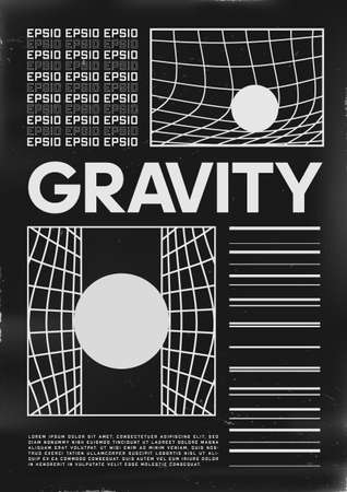 Retrofuturistic poster design. Cyberpunk 80s style poster with GRAVITY title and illustrations of distorted space. Shabby scratched flyer template for your design. Vectorのイラスト素材
