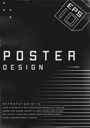 Retrofuturistic poster design. Cyberpunk 80s style poster with linear shape and cube. Shabby scratched flyer template for your design. Vectorのイラスト素材