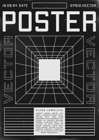 Retrofuturistic poster design with perspective grid tunnel. Cyberpunk 80s style poster with tunnel and light in the end. Shabby scratched flyer template for your design. Vectorのイラスト素材