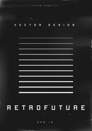 Retrofuturistic poster design. Cyberpunk 80s style poster with retrofuturistic striped square. Shabby scratched flyer template for your design. Vectorのイラスト素材