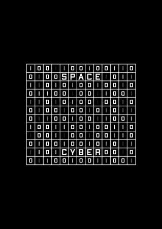 Cyber space t-shirt and apparel design with binary code spreadsheet. Retro cyberpunk. Black and white print. Vectorのイラスト素材
