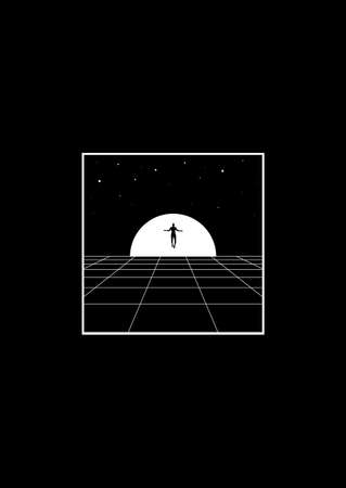 Retrowave t-shirt and apparel design with perspective grid, sun in the horizon, levitate man silhouette, and starry sky. The 1980s aesthetics. Black and white print. Vectorのイラスト素材