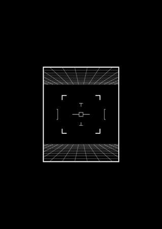Retrofuturistic t-shirt and apparel design with perspective grids and retrofuturistic space aim. Illustration of The 1980s aesthetics. Black and white print. Vectorのイラスト素材