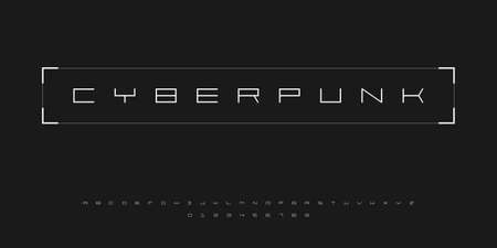 Futuristic cyberpunk style font. English alphabet and numbers in cyberpunk tech style. Good for design banners, electronic music events, game titles. HUD font.のイラスト素材
