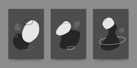 Abstract geometric hand drawn liquid shapes set in mid century style. Boho design for wall decoration, poster, print, cover, wallpaper. Minimal dark wall art. Vectorのイラスト素材