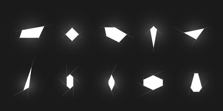 Geometric white polygonal glowing shapes with auxiliary strokes isolated on black background. Minimalist design elements for poster, banner, wall decoration, Metroidvania games. Vectorのイラスト素材