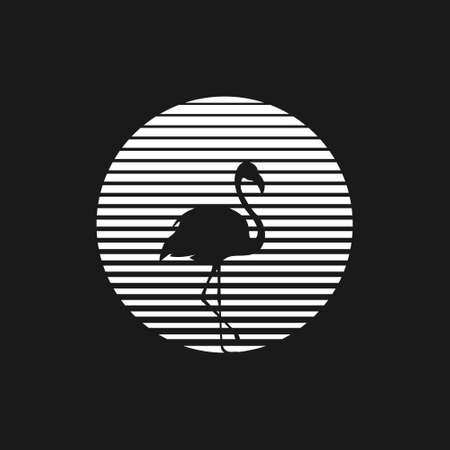 Retrowave sun 1980s style with the flamingo silhouette. Black and white striped sun with flamingos silhouette. Design element for retrowave style projects. Vectorのイラスト素材