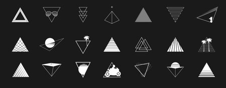 Set of retrowave design elements. Triangle shapes with the sun, palm tree, motorcyclist, sunglasses, pyramid, line style triangles. Pack of retrowave 1980s style design elements. Vectorのイラスト素材