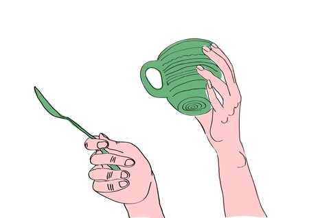 Hands with cup and spoonのイラスト素材