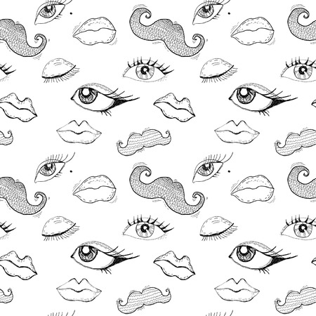 Cartoon eyes, lips and mustache seamless patternのイラスト素材