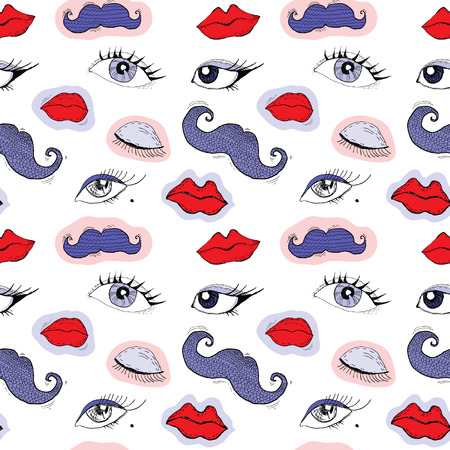 Cartoon eyes, lips and mustache seamless patternのイラスト素材