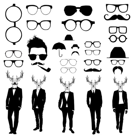 Set of glasses and men with deer headsのイラスト素材