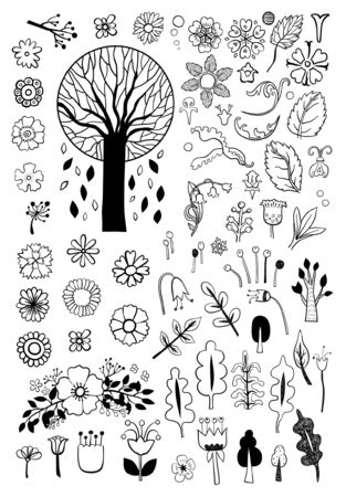 Hand drawn tree, leaves and flowers Vector illustration.のイラスト素材