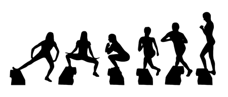 Vector silhouettes of step platform exercisers illustration.のイラスト素材