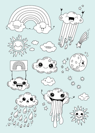 Cute weather forecast. Emotional sun and clouds.のイラスト素材