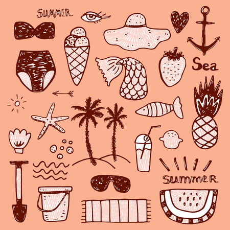 Summer vacation accessories flat icons set. Colorful abstract vector illustration. Hand draw scribble setのイラスト素材