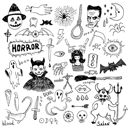 Horror set of Halloween doodle sticker sketch setのイラスト素材