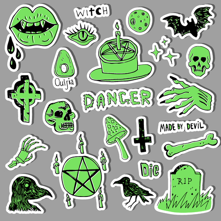Horror set of Halloween doodle sticker sketch setのイラスト素材