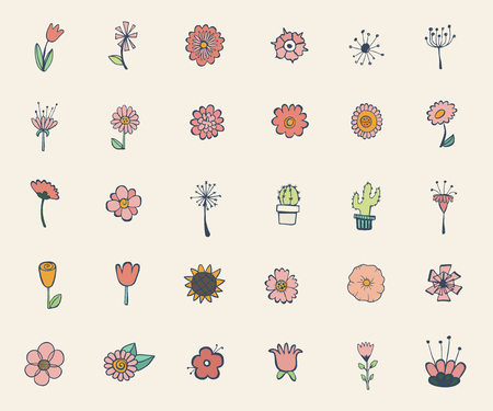 Vintage decorative flowers set. Hand drawn vector design elements. Black and white versionのイラスト素材