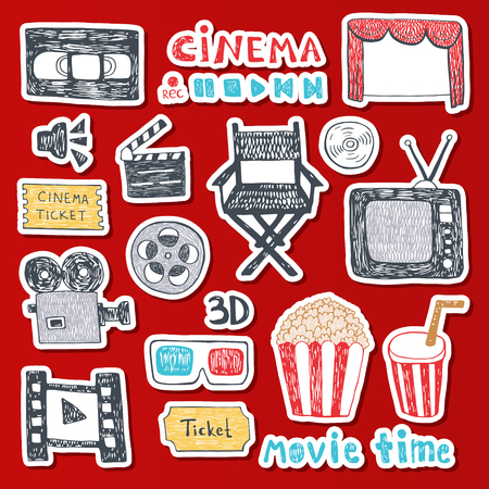 Hand drawn colorful vector illustrations - Cinema collection. Movie and film elements in sketch style. Perfect for cards, posters, banners, flyers etc. Sticker versionのイラスト素材