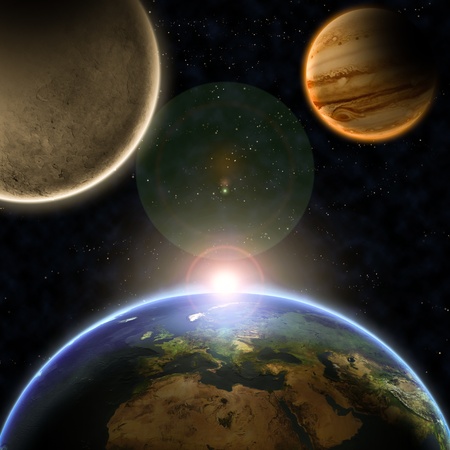 Planets with sunrise in the space 