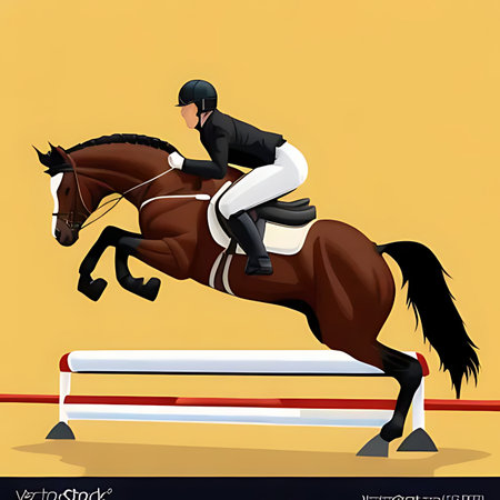 Equestrian sport poster with rider on horse jumping over obstacles, vector illustrationの素材