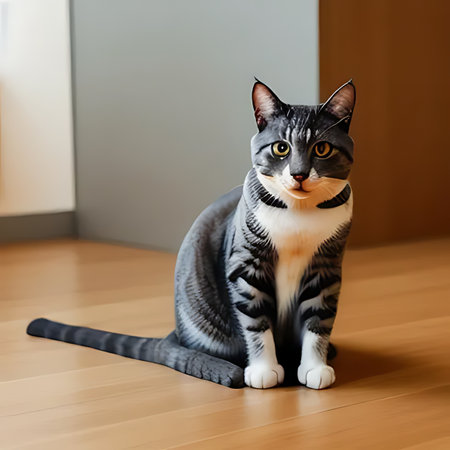 Portrait of a beautiful black and white cat on a wooden floorの素材