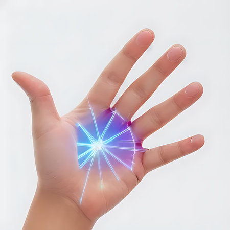 3D rendering of a female hand with a glowing blue hologramの素材