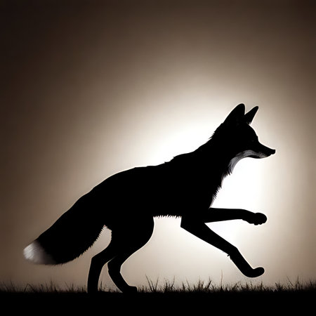 Silhouette of a wolf jumping on a brown background with space for textの素材