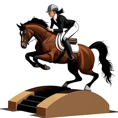 Illustration of a horse rider jumping over an obstacle on a white backgroundの素材