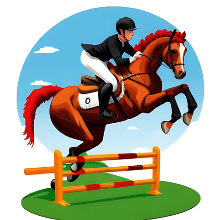 Illustration of a rider jumping over an obstacle on a white backgroundの素材
