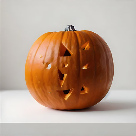 Halloween pumpkin with carved face on grey background. 3d renderの素材