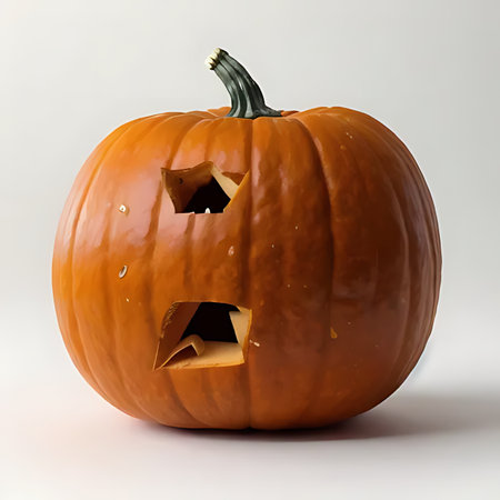 Halloween pumpkin with carved face on white background. 3d illustrationの素材