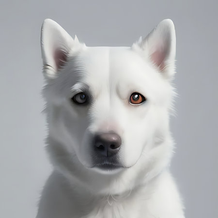 Portrait of a white Swiss Shepherd dog on a gray background.の素材