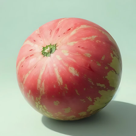 Ripe red melon on a green background. 3d renderingの素材