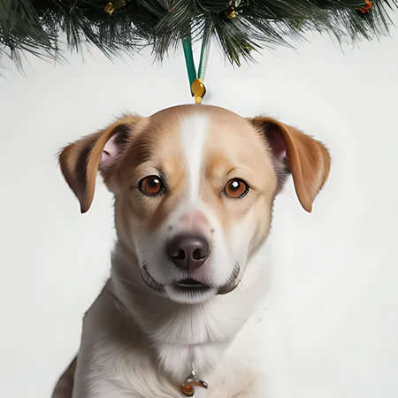 Portrait of a dog with a Christmas tree on a white backgroundの素材