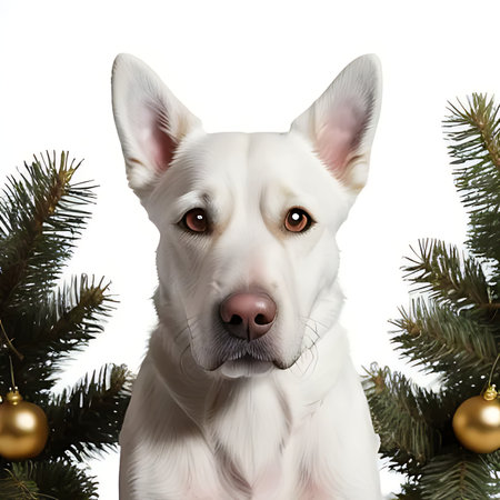 White Swiss Shepherd dog with christmas tree in front of white backgroundの素材