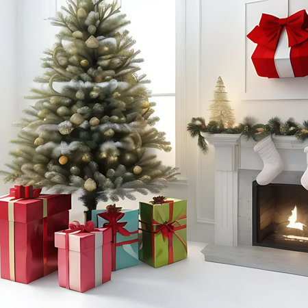 Christmas tree with presents near the fireplace. 3d render. Illustration.の素材