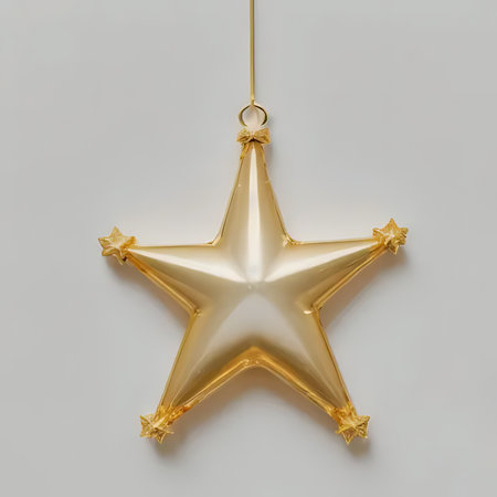 Golden star shaped christmas decoration hanging on white wall. 3D Renderingの素材