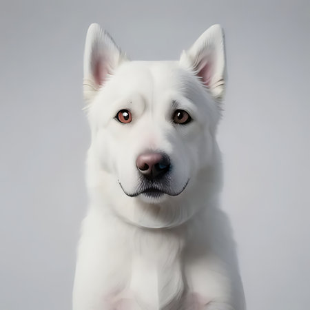 Portrait of a white Swiss Shepherd dog. Studio shot on grey background.の素材