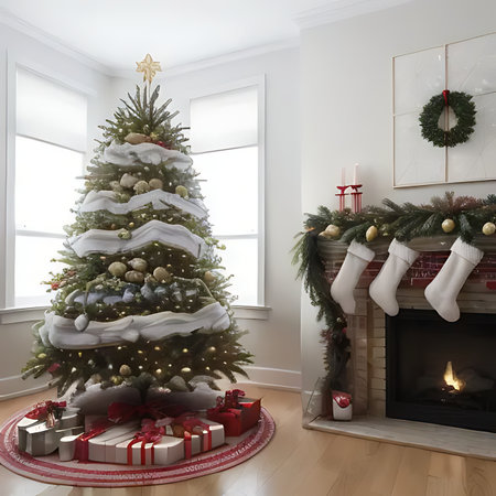 Christmas tree with presents and fireplace in living room. 3d renderの素材
