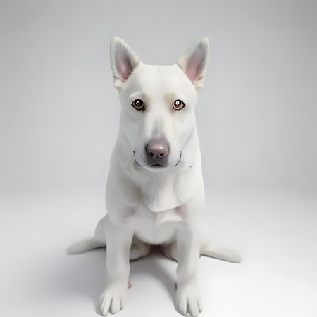 White dog sitting on white background. Studio shot. Isolated.の素材