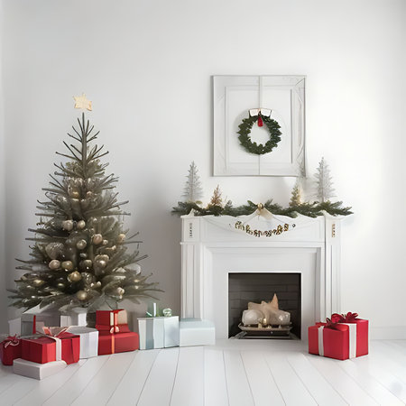 Christmas tree with presents and fireplace in white room. 3d renderの素材
