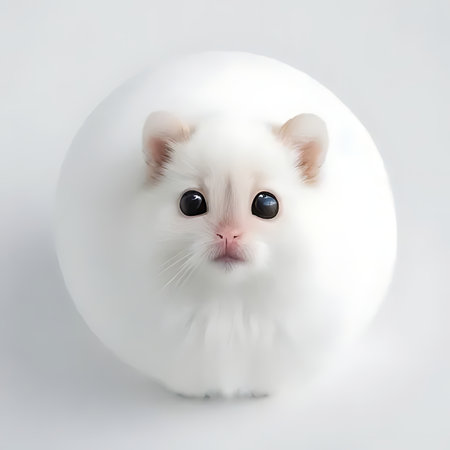 White hamster with black eyes in a white ball on a white backgroundの素材